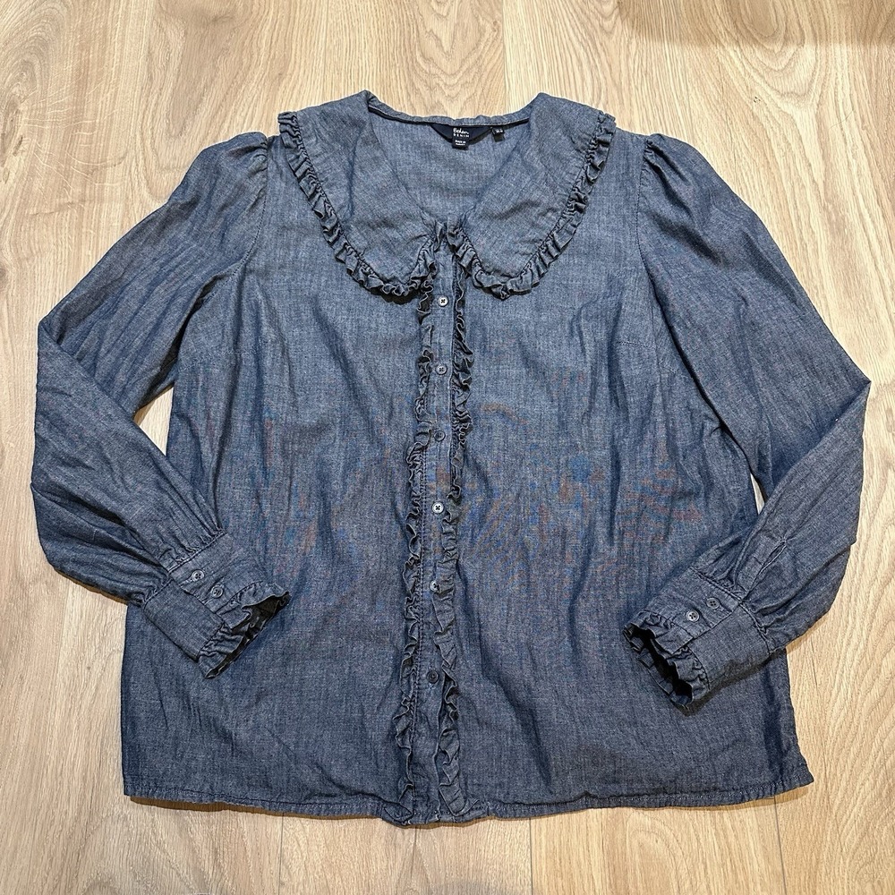 Boden Denim Statement Collar Blouse Top size 12 Ruffle Cottagecore Read Wife EUC - Picture 2 of 9